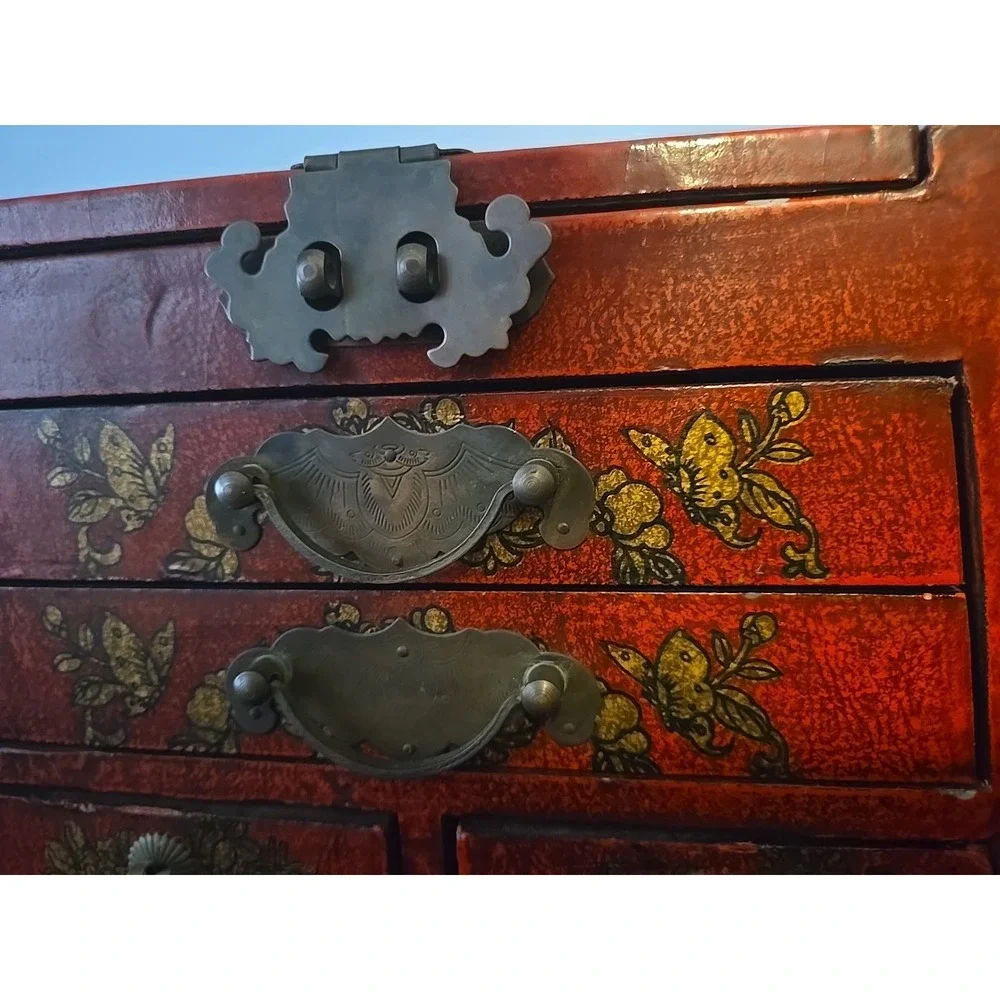Old‎ Chinese Red lacquerware Wood Dragon Phoenix Flower Drawer Makeup Box